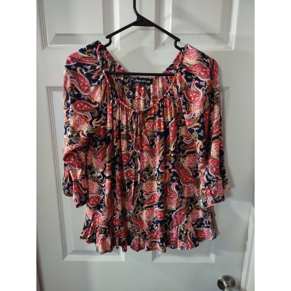 Aura Blue Top Size S Multicolor 3/4 Sleeve Ruffle